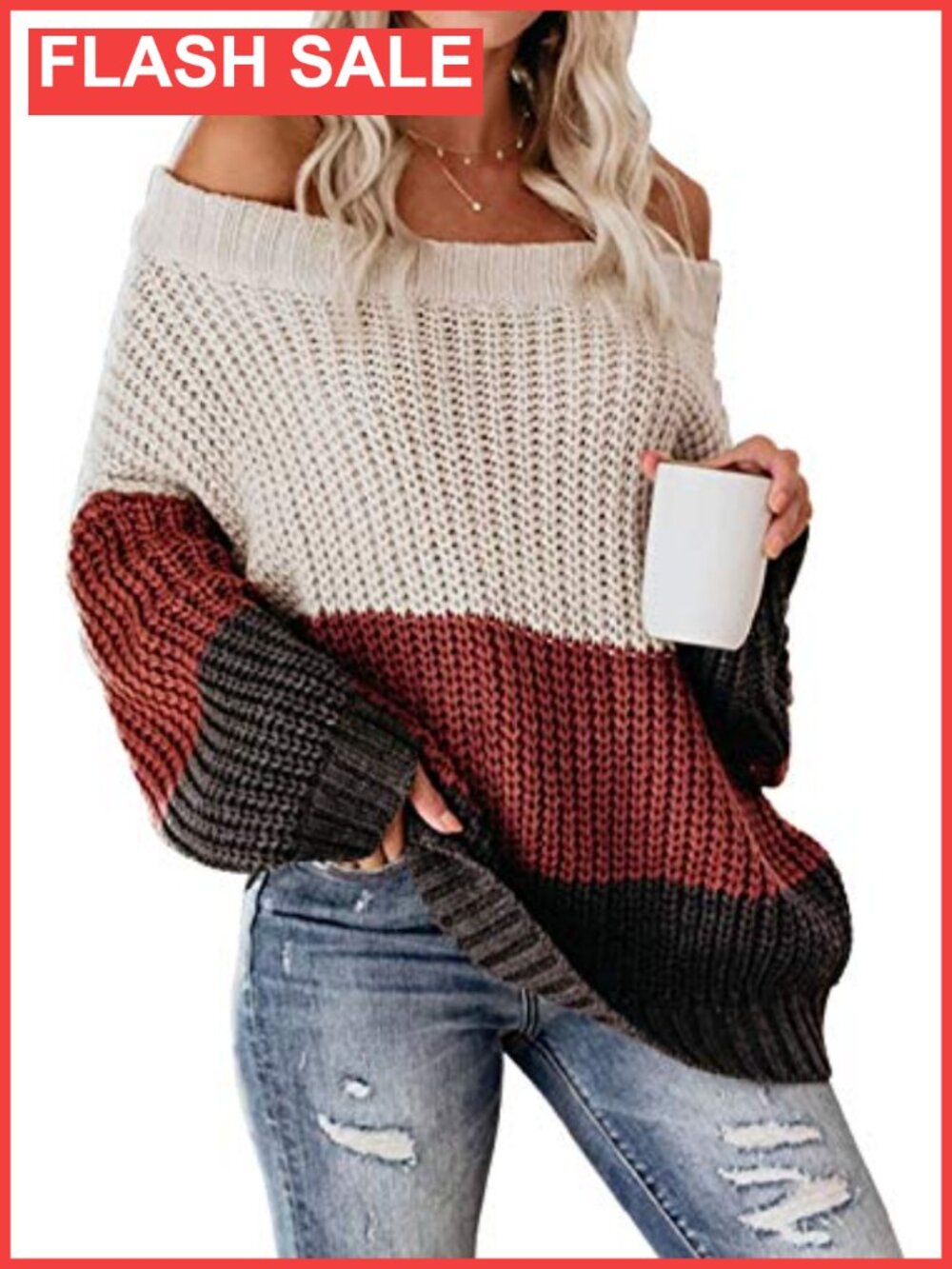 Womens Off Shoulder Color Block Sweater Oversized Chunky Knit Pullover